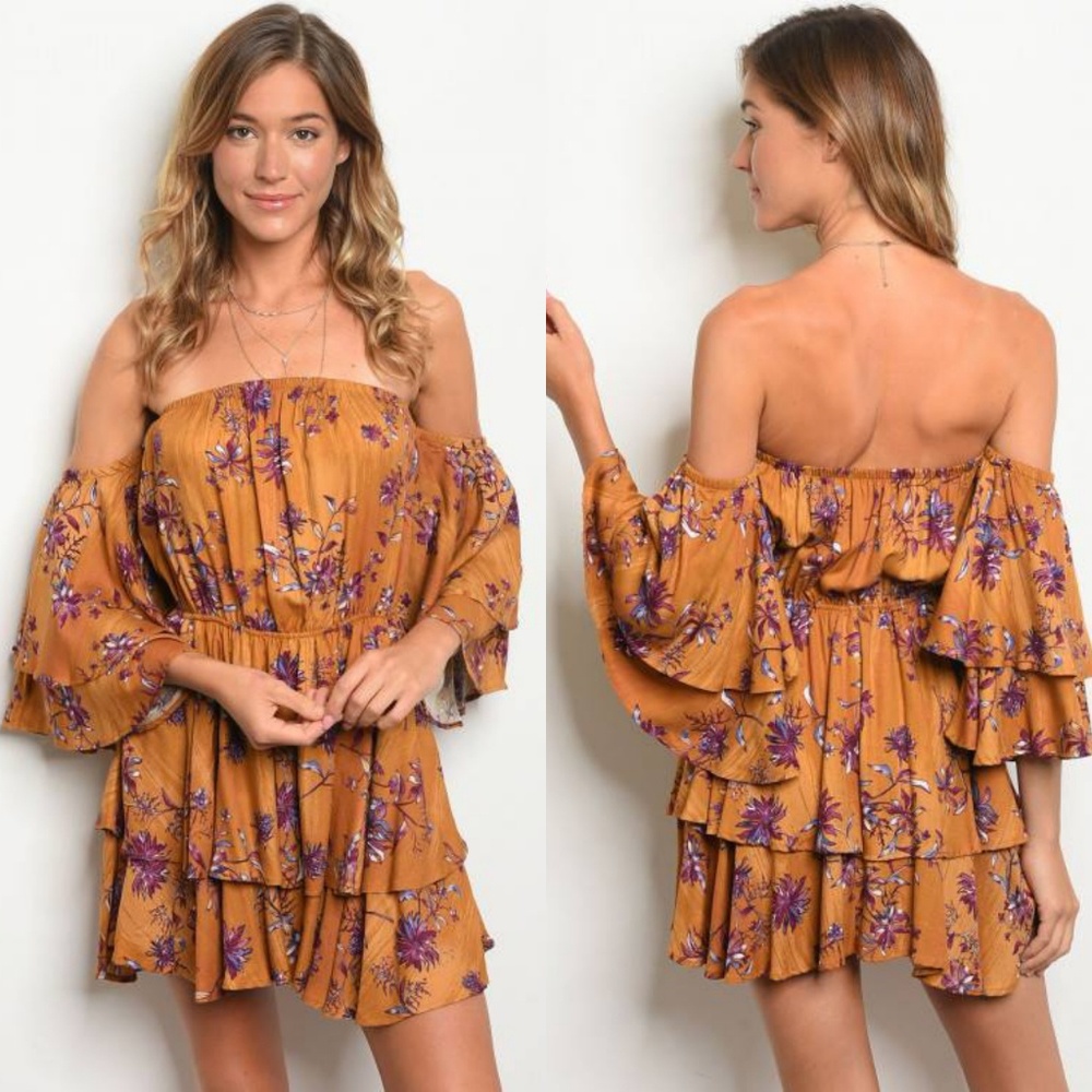 OFF THE SHOULDER BOHO FLORAL MINI DRESS in MUSTARD